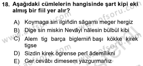 XIV-XV. Yüzyıllar Türk Dili Dersi 2022 - 2023 Yılı Yaz Okulu Sınav Soruları 18. Soru