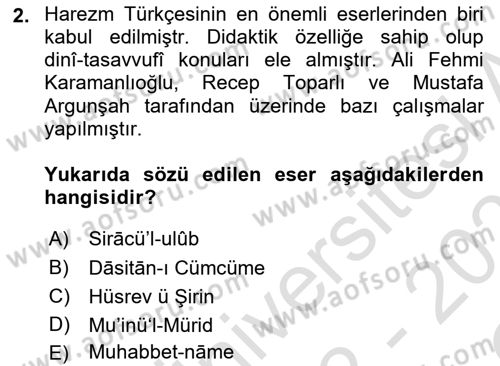 XIV-XV. Yüzyıllar Türk Dili Dersi 2022 - 2023 Yılı Yaz Okulu Sınav Soruları 2. Soru