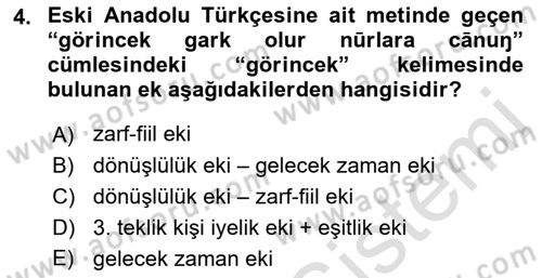XIV-XV. Yüzyıllar Türk Dili Dersi 2022 - 2023 Yılı Yaz Okulu Sınav Soruları 4. Soru