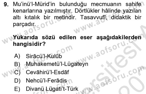 XIV-XV. Yüzyıllar Türk Dili Dersi 2022 - 2023 Yılı Yaz Okulu Sınavı 9. Soru