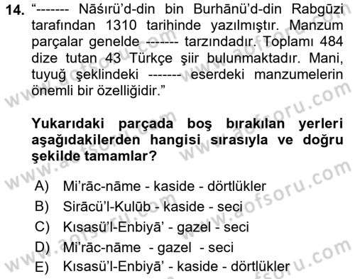 XIV-XV. Yüzyıllar Türk Dili Dersi 2023 - 2024 Yılı (Vize) Ara Sınav Soruları 14. Soru