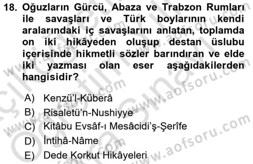 XIV-XV. Yüzyıllar Türk Dili Dersi 2023 - 2024 Yılı (Vize) Ara Sınav Soruları 18. Soru