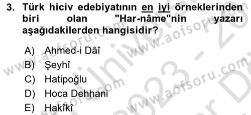 XIV-XV. Yüzyıllar Türk Dili Dersi 2023 - 2024 Yılı (Vize) Ara Sınav Soruları 3. Soru