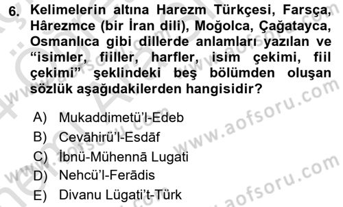 XIV-XV. Yüzyıllar Türk Dili Dersi 2023 - 2024 Yılı (Vize) Ara Sınav Soruları 6. Soru