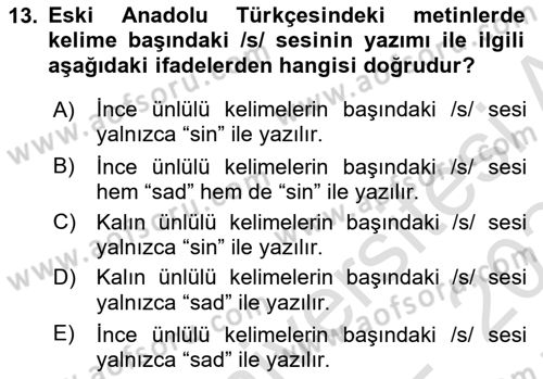 XIV-XV. Yüzyıllar Türk Dili Dersi 2023 - 2024 Yılı (Final) Dönem Sonu Sınav Soruları 13. Soru