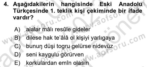 XIV-XV. Yüzyıllar Türk Dili Dersi 2023 - 2024 Yılı (Final) Dönem Sonu Sınav Soruları 4. Soru