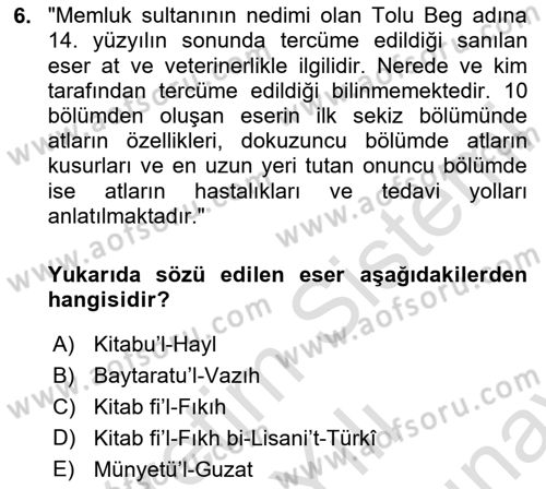 XIV-XV. Yüzyıllar Türk Dili Dersi 2023 - 2024 Yılı (Final) Dönem Sonu Sınav Soruları 6. Soru