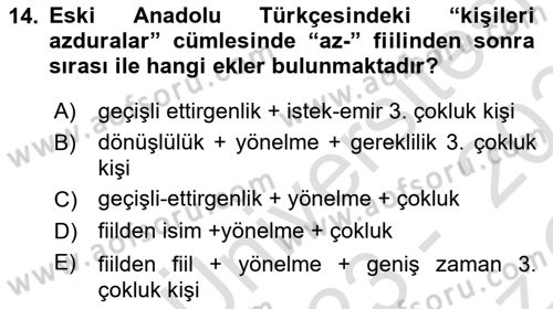 XIV-XV. Yüzyıllar Türk Dili Dersi 2023 - 2024 Yılı Yaz Okulu Sınav Soruları 14. Soru
