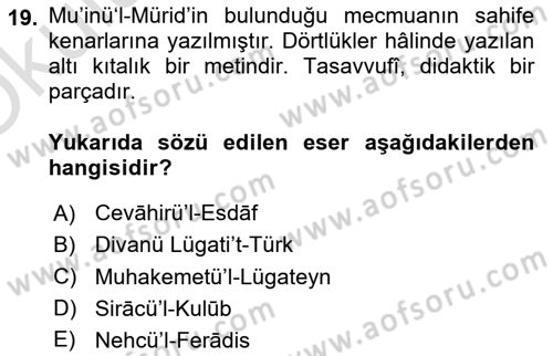 XIV-XV. Yüzyıllar Türk Dili Dersi 2023 - 2024 Yılı Yaz Okulu Sınav Soruları 19. Soru