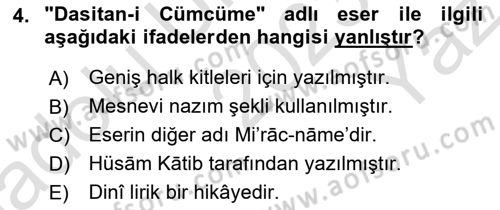 XIV-XV. Yüzyıllar Türk Dili Dersi 2023 - 2024 Yılı Yaz Okulu Sınav Soruları 4. Soru