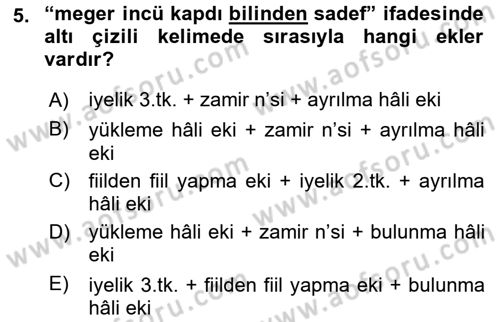 XIV-XV. Yüzyıllar Türk Dili Dersi 2023 - 2024 Yılı Yaz Okulu Sınav Soruları 5. Soru