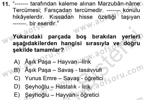 XIV-XV. Yüzyıllar Türk Dili Dersi 2024 - 2025 Yılı (Vize) Ara Sınav Soruları 11. Soru