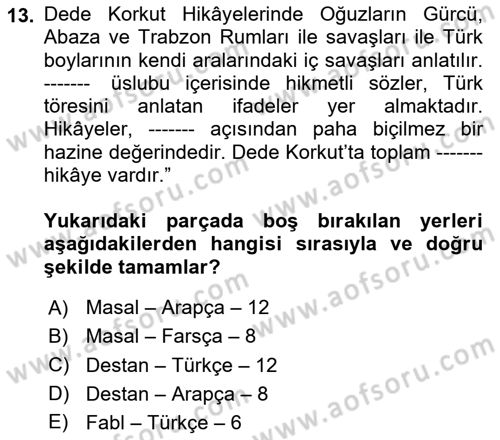 XIV-XV. Yüzyıllar Türk Dili Dersi 2024 - 2025 Yılı (Vize) Ara Sınav Soruları 13. Soru