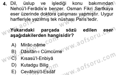 XIV-XV. Yüzyıllar Türk Dili Dersi 2024 - 2025 Yılı (Vize) Ara Sınav Soruları 4. Soru