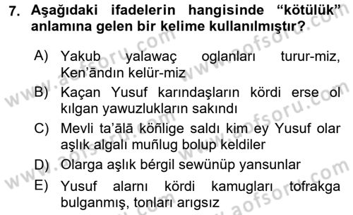 XIV-XV. Yüzyıllar Türk Dili Dersi 2024 - 2025 Yılı (Vize) Ara Sınav Soruları 7. Soru