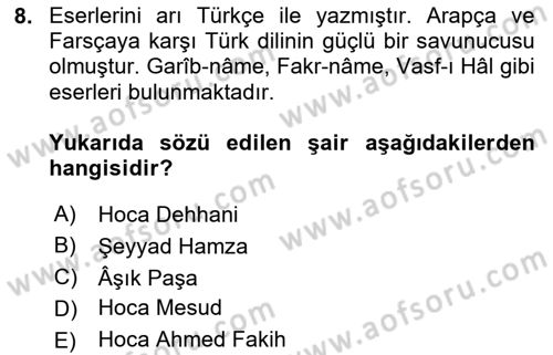XIV-XV. Yüzyıllar Türk Dili Dersi 2024 - 2025 Yılı (Vize) Ara Sınav Soruları 8. Soru