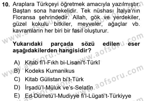 XIV-XV. Yüzyıllar Türk Dili Dersi 2024 - 2025 Yılı (Final) Dönem Sonu Sınav Soruları 10. Soru
