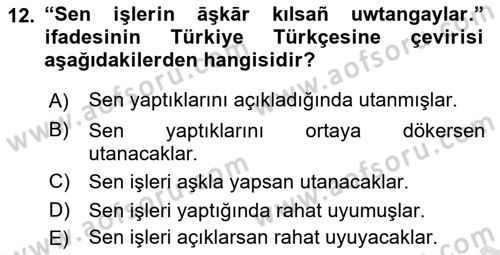 XIV-XV. Yüzyıllar Türk Dili Dersi 2024 - 2025 Yılı (Final) Dönem Sonu Sınav Soruları 12. Soru