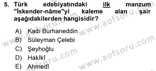XIV-XV. Yüzyıllar Türk Dili Dersi 2024 - 2025 Yılı (Final) Dönem Sonu Sınav Soruları 5. Soru