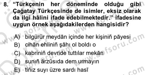 XIV-XV. Yüzyıllar Türk Dili Dersi 2024 - 2025 Yılı (Final) Dönem Sonu Sınav Soruları 8. Soru