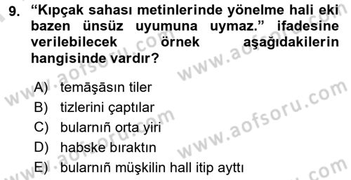 XIV-XV. Yüzyıllar Türk Dili Dersi 2024 - 2025 Yılı (Final) Dönem Sonu Sınav Soruları 9. Soru