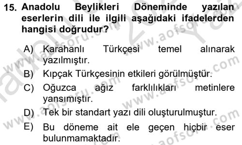 XIV-XV. Yüzyıllar Türk Dili Dersi 2024 - 2025 Yılı Yaz Okulu Sınav Soruları 15. Soru