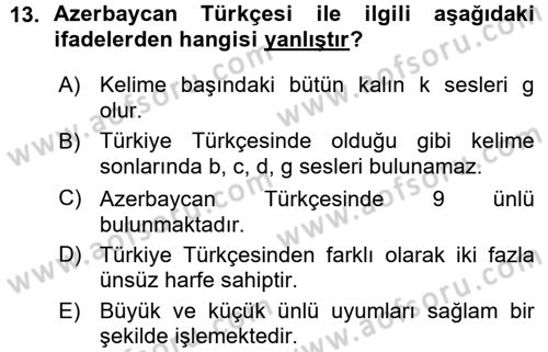 Çağdaş Türk Yazı Dilleri 1 Dersi Ara Sınavı Deneme Sınav Soruları 13. Soru