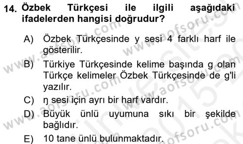 Çağdaş Türk Yazı Dilleri 1 Dersi 2015 - 2016 Yılı Tek Ders Sınav Soruları 14. Soru