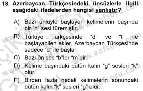 Çağdaş Türk Yazı Dilleri 1 Dersi Ara Sınavı Deneme Sınav Soruları 18. Soru