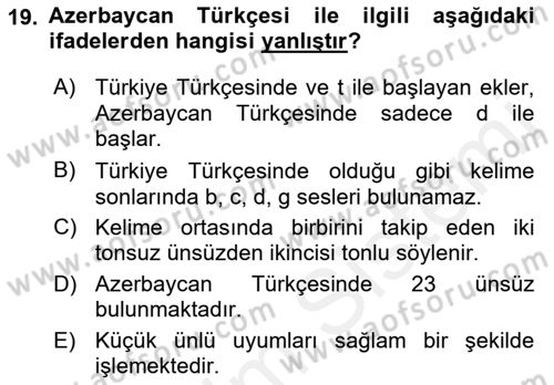Çağdaş Türk Yazı Dilleri 1 Dersi Ara Sınavı Deneme Sınav Soruları 19. Soru