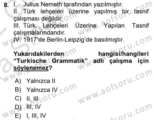 Çağdaş Türk Yazı Dilleri 1 Dersi Ara Sınavı Deneme Sınav Soruları 8. Soru