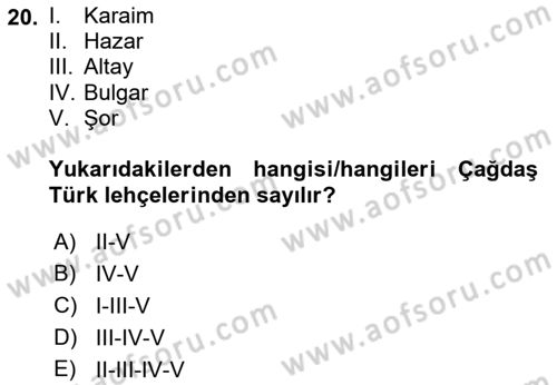 Çağdaş Türk Yazı Dilleri 1 Dersi 2021 - 2022 Yılı (Final) Dönem Sonu Sınav Soruları 20. Soru