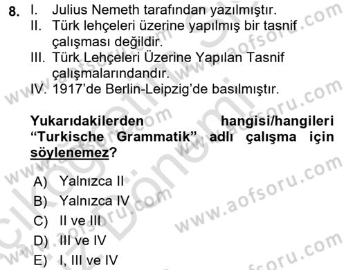 Çağdaş Türk Yazı Dilleri 1 Dersi Ara Sınavı Deneme Sınav Soruları 8. Soru