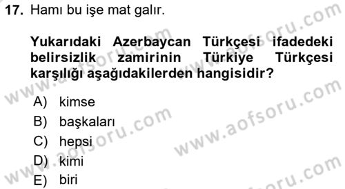 Çağdaş Türk Yazı Dilleri 1 Dersi Ara Sınavı Deneme Sınav Soruları 17. Soru