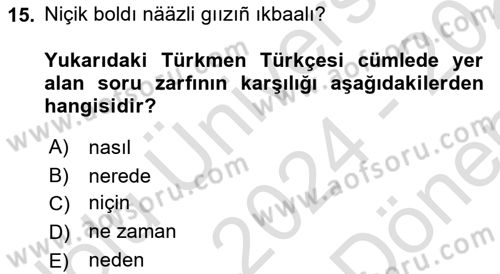 Çağdaş Türk Yazı Dilleri 1 Dersi 2024 - 2025 Yılı (Final) Dönem Sonu Sınav Soruları 15. Soru