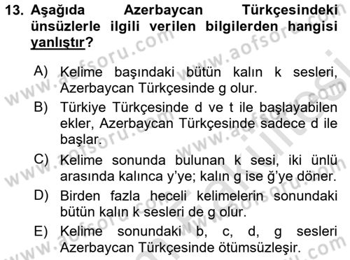 Çağdaş Türk Yazı Dilleri 1 Dersi 2025 - 2026 Yılı (Vize) Ara Sınav Soruları 13. Soru