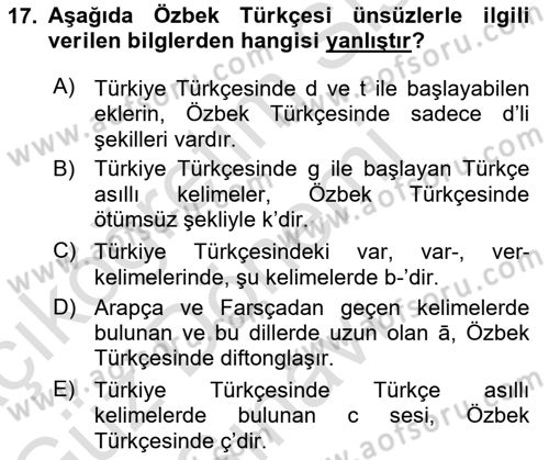 Çağdaş Türk Yazı Dilleri 1 Dersi 2025 - 2026 Yılı (Final) Dönem Sonu Sınav Soruları 17. Soru