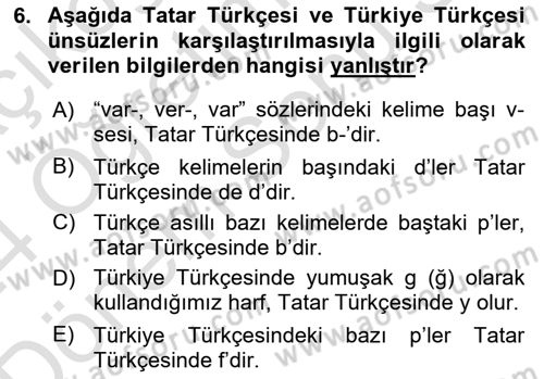 Çağdaş Türk Yazı Dilleri 2 Dersi 2023 - 2024 Yılı (Final) Dönem Sonu Sınav Soruları 6. Soru