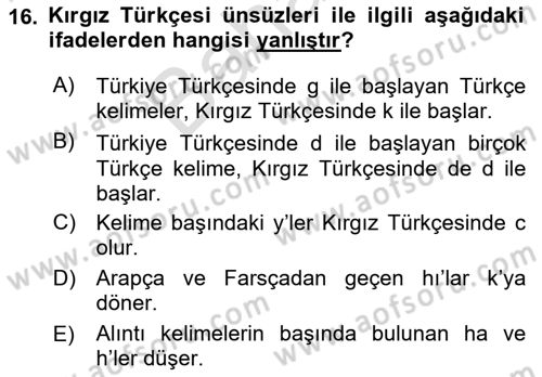 Çağdaş Türk Yazı Dilleri 2 Dersi 2025 - 2026 Yılı (Final) Dönem Sonu Sınav Soruları 16. Soru