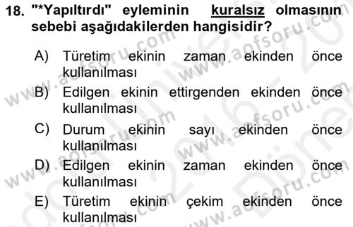 Genel Dilbilim 1 Dersi 2016 - 2017 Yılı (Final) Dönem Sonu Sınav Soruları 18. Soru