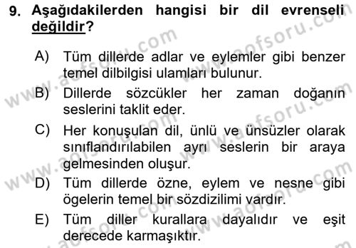 Genel Dilbilim 1 Dersi Ara Sınavı Deneme Sınav Soruları 9. Soru