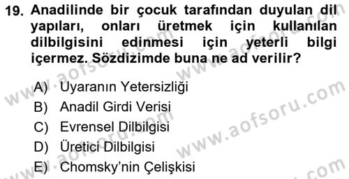Genel Dilbilim 1 Dersi 2023 - 2024 Yılı (Final) Dönem Sonu Sınav Soruları 19. Soru