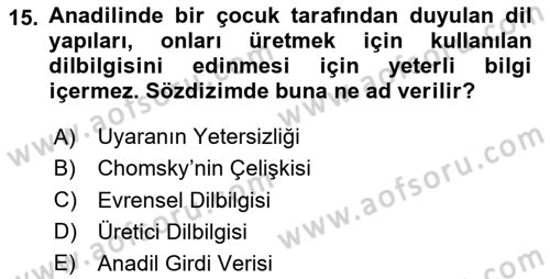 Genel Dilbilim 1 Dersi 2023 - 2024 Yılı Yaz Okulu Sınav Soruları 15. Soru
