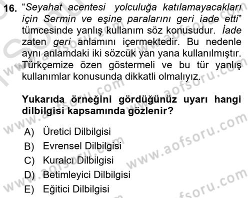Genel Dilbilim 1 Dersi 2024 - 2025 Yılı (Final) Dönem Sonu Sınav Soruları 16. Soru