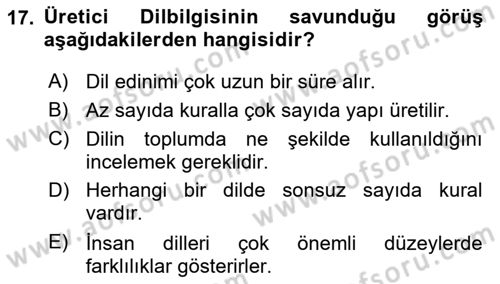 Genel Dilbilim 1 Dersi 2024 - 2025 Yılı (Final) Dönem Sonu Sınav Soruları 17. Soru