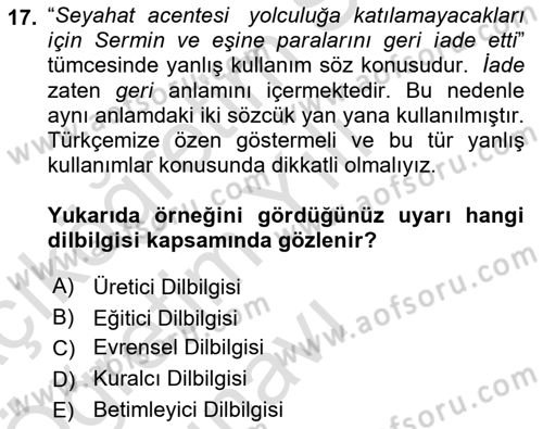 Genel Dilbilim 1 Dersi 2024 - 2025 Yılı Yaz Okulu Sınav Soruları 17. Soru