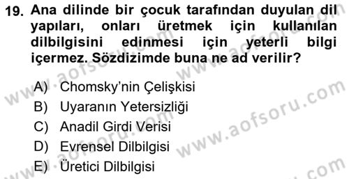 Genel Dilbilim 1 Dersi 2024 - 2025 Yılı Yaz Okulu Sınav Soruları 19. Soru