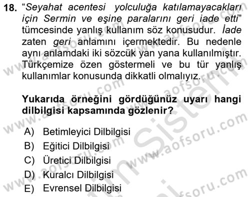 Genel Dilbilim 1 Dersi 2025 - 2026 Yılı (Final) Dönem Sonu Sınav Soruları 18. Soru