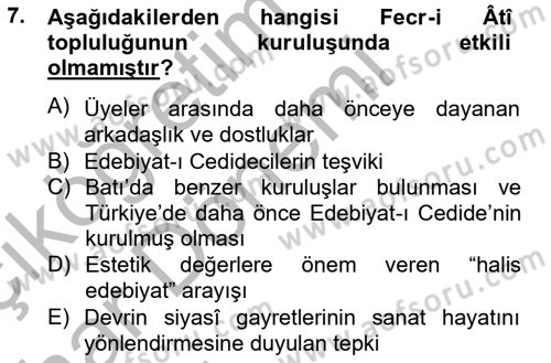 2. Meşrutiyet Dönemi Türk Edebiyatı Dersi 2012 - 2013 Yılı (Vize) Ara Sınavı 7. Soru