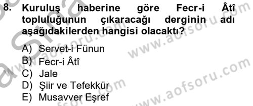 2. Meşrutiyet Dönemi Türk Edebiyatı Dersi 2012 - 2013 Yılı (Vize) Ara Sınavı 8. Soru